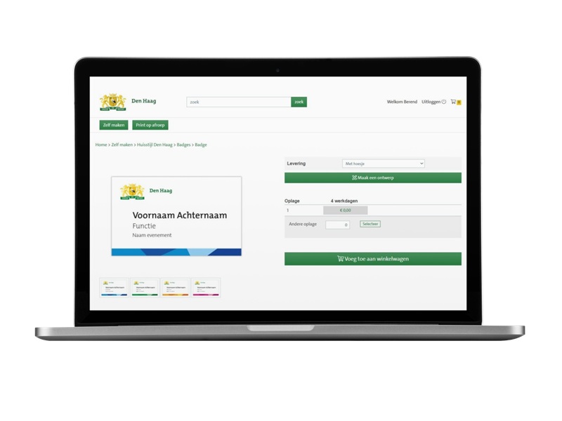 Naambadge bestelpagina Gemeente Den Haag Brandportal case Prindustry